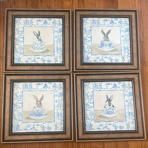 Set of Four Rabbit Teacup Prints in Wooden Frames